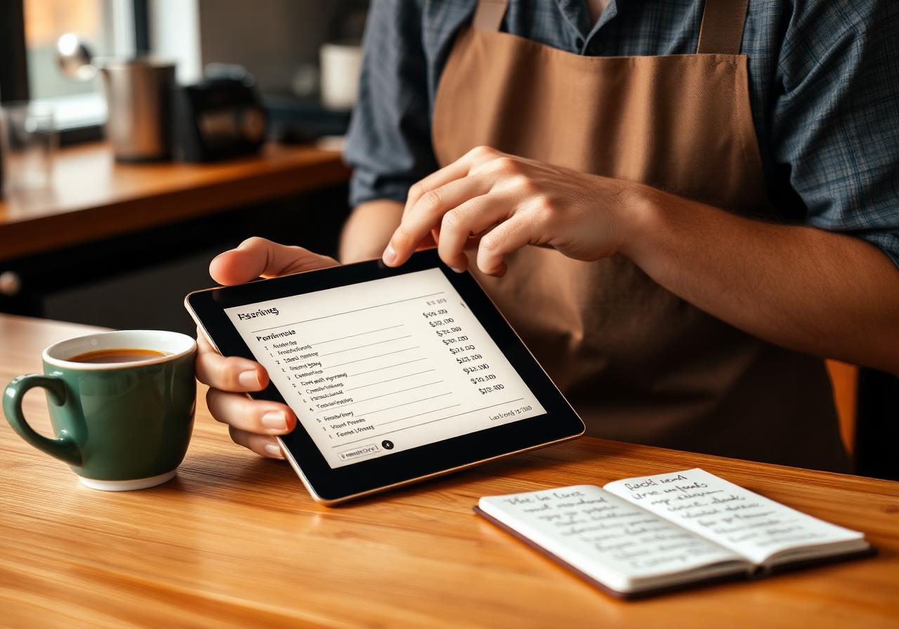 Café owner reviewing menu costs on a tablet